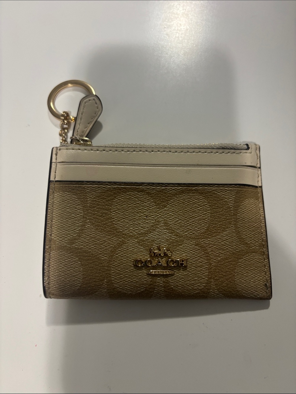 Coach Khaki Canvas and Chalk Leather Card Case with Keyring